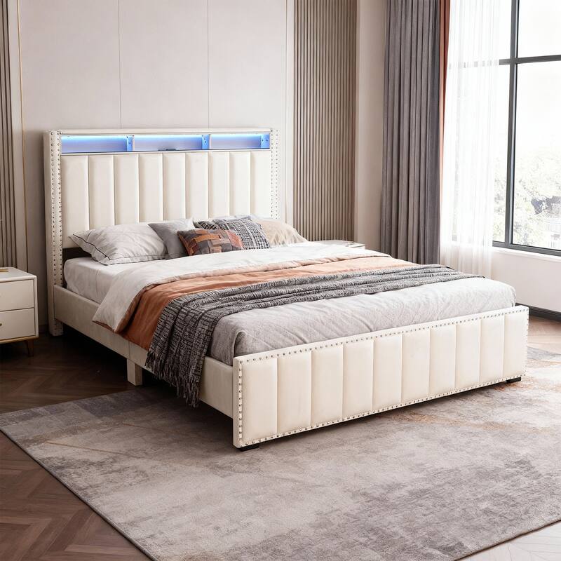 Modern Beige Solid Wood Bed Frame with Open Compartments