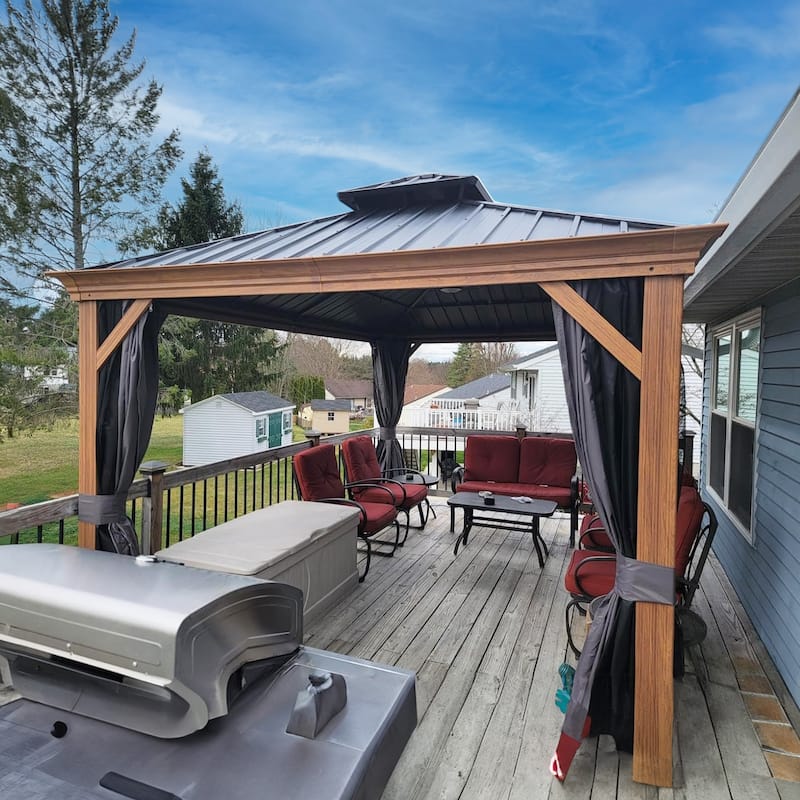 PURPLE LEAF Hardtop Gazebo Galvanized Steel Roof Gazebo Pergola w Wooden Coated Alumninum Frame and Mosquito Net