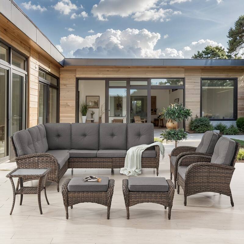 Gymojoy L-Shaped Outdoor Sectional Sofa Set with Patio Chairs, Ottomans & Side Table
