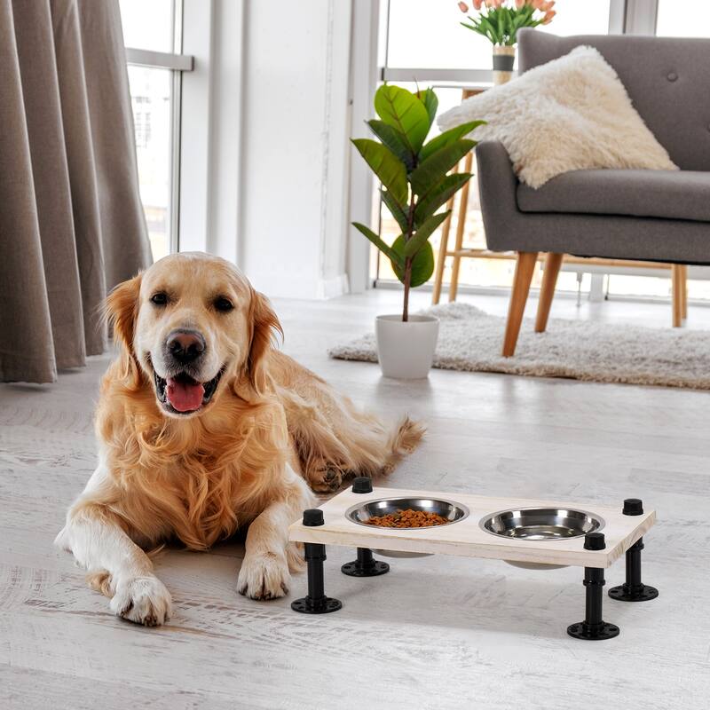 Solid Wood Elevated Dog Feeder with Industrial Metal Legs - White