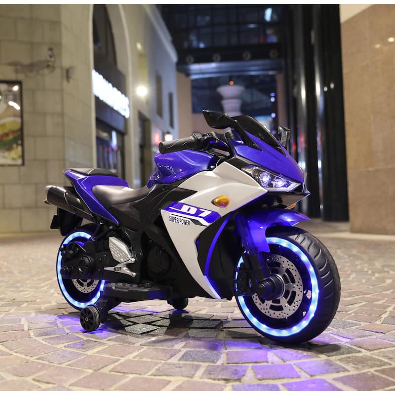 Electric Car for Kids with Training Wheels, Blue Electric Motorcycle Toy with Charge Display, Battery Powered Electric Car - Blue