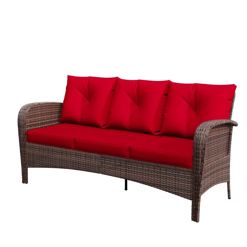 Cozywor 72"Wide 3-Seat Brown Wicker Outdoor Sofa, Couch Patio Sofa with Deep Seating and Thick Cushions, Red