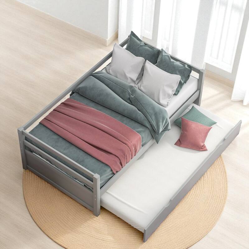Twin Size Wood Daybed with Trundle, Solid Pine Frame, Guardrails and No Box Spring Required