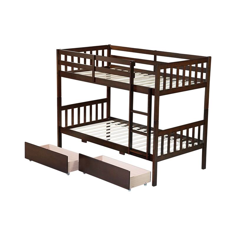 Roomfitters Twin Over Twin Rubber Wood Bunk Bed with Underbed Storage, Convertible to 2 Twin Beds, Ladder & Guardrails