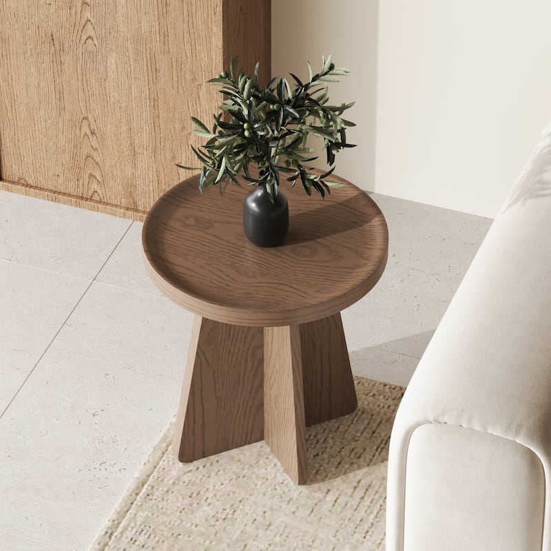 Mid Century Round Brown Solid Wood Coffee Table Set of 2, Solid wood Veneer - End Table