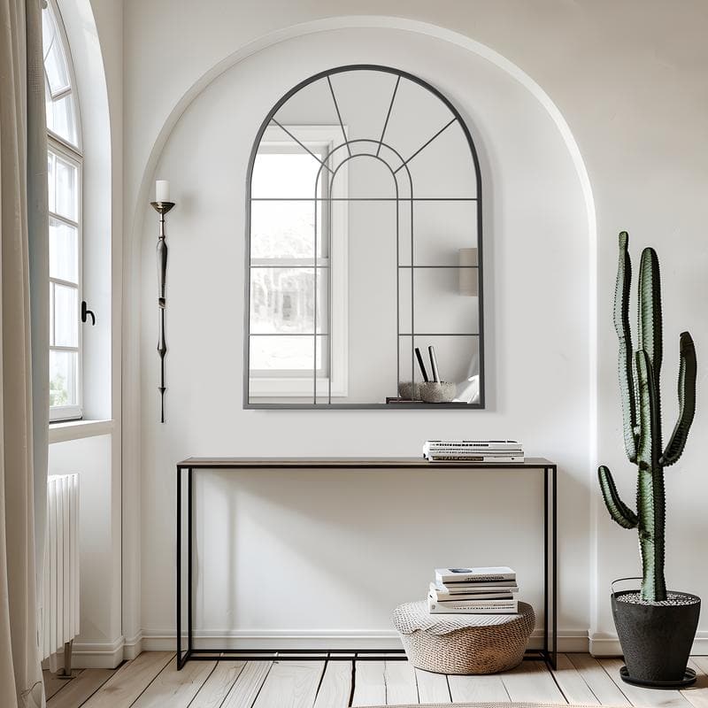 Iron Metal Frame Rectangular Windowpane Wall Mirror Farmhouse Rustic Elegant Decor for Living Room Bedroom Bathroom Entryway - 41" x 28" - Black Arch