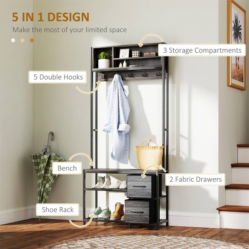 5-in-1 Hall Tree with Bench Coat Hooks and Storage Drawers for Entryway Hallway or Mudroom - 31.5" W x 11.8" D x 70.9" H