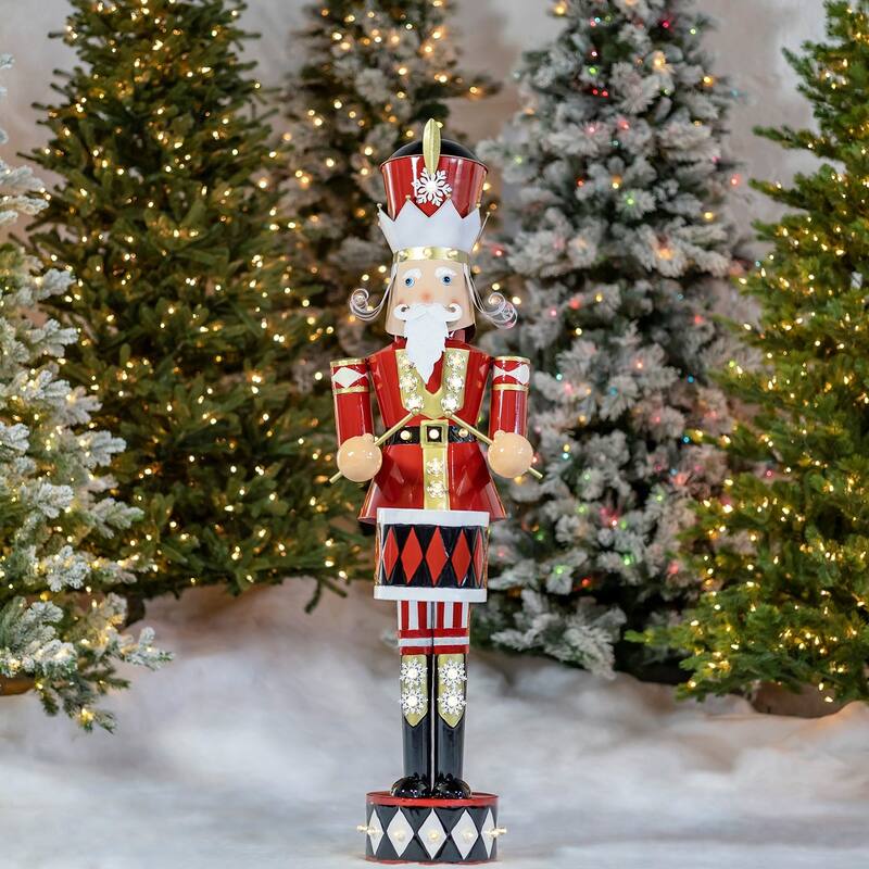 Large Iron Christmas Nutcracker "George" with Drum & LED Lights - Red - Iron - Large