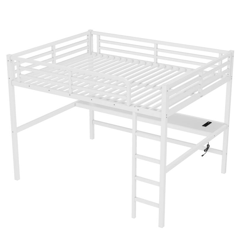Roomfitters Metal Queen Size Loft Bed with Power Outlet & LED Lighting, Space-Saving Noise-Reduced Frame, White