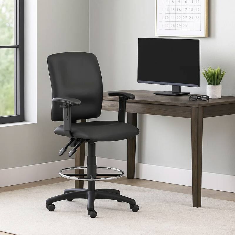 Reza Swivel Drafting Stool, Adjustable Arms, Footring, Black Faux Leather