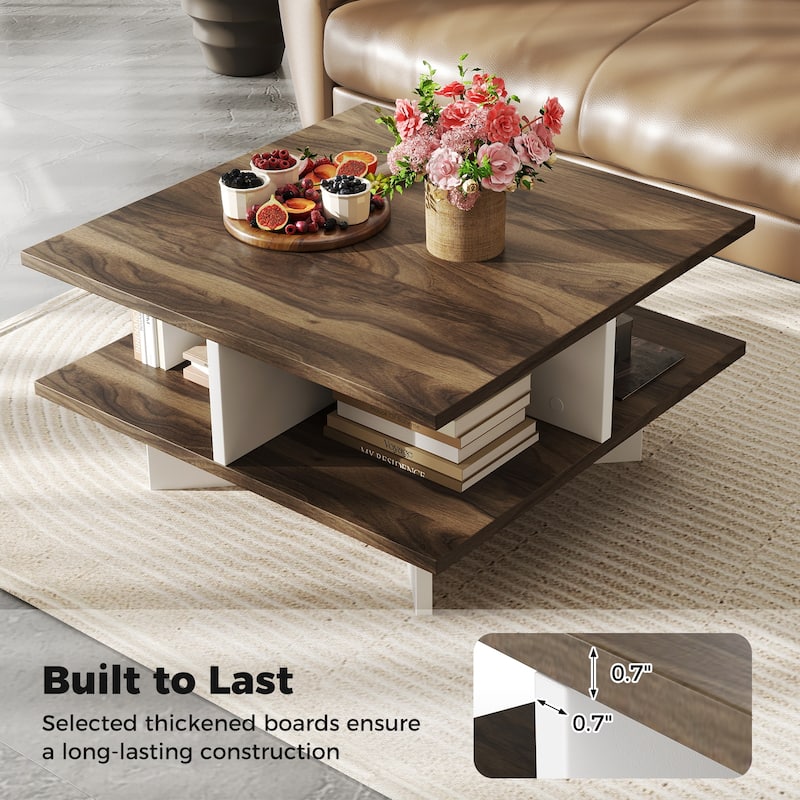 Stylish 2-Tier Multi-Functional Coffee Table with Storage Shelves and Cross-Shaped Base for Home Use - 24" x 24" x 13"