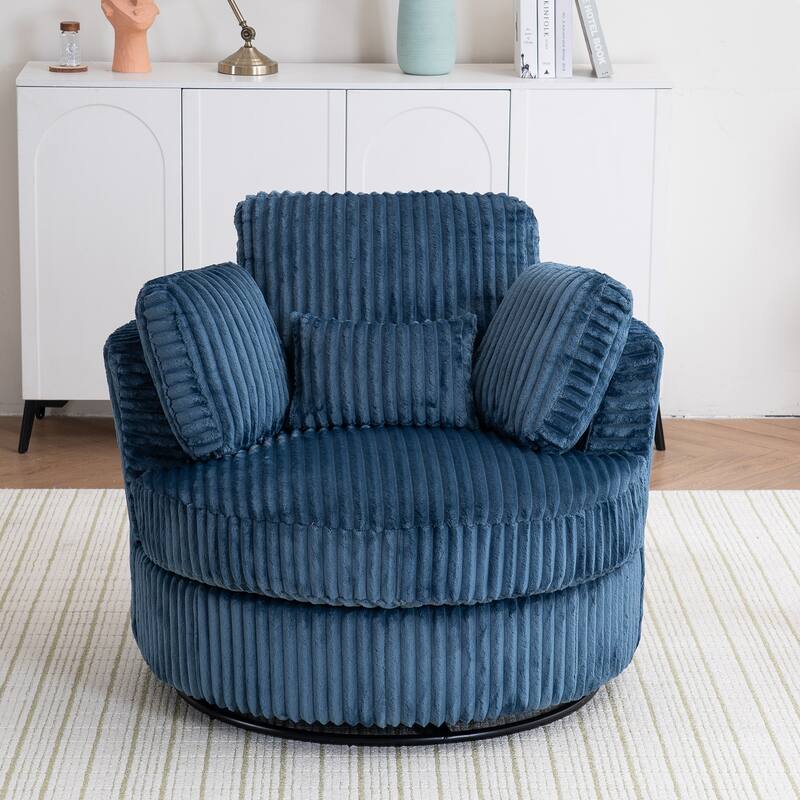 Corduroy Swivel Barrel Chair, Ergonomic Upholstered Round Armchair, Reading Sofa Chair with 3 Pillows & Thick Cushion - Blue