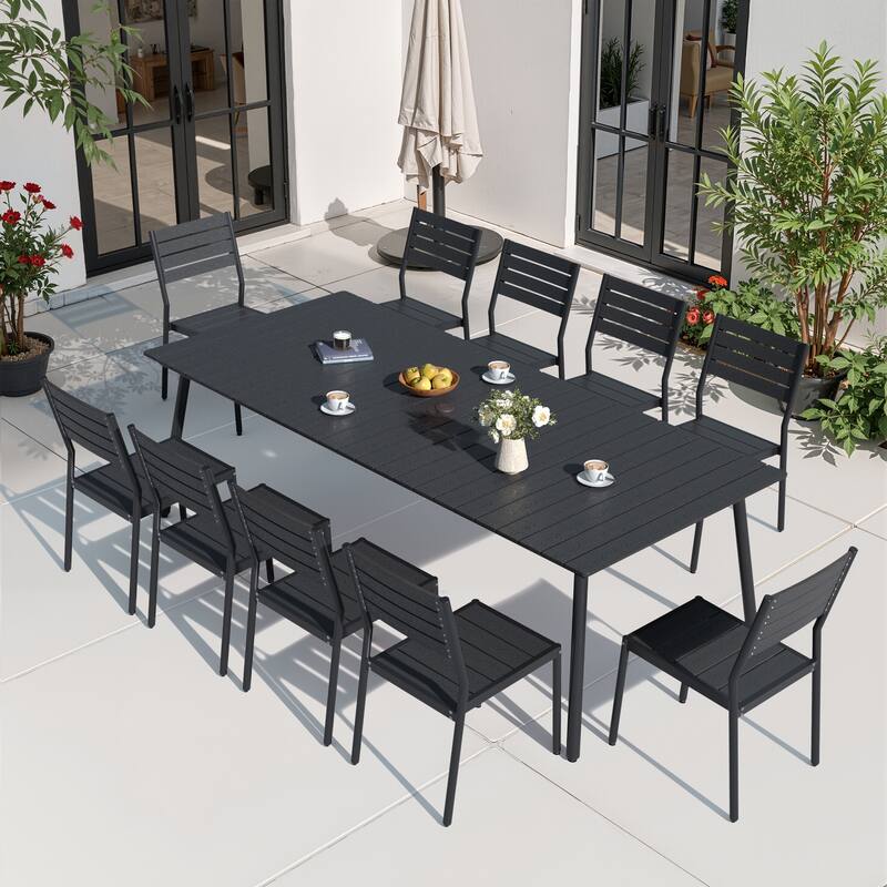 11 PCS Outdoor Dining Set Rectangle Aluminum Dining Table with Umbrella Hole and 10 Stackable Chairs - Black