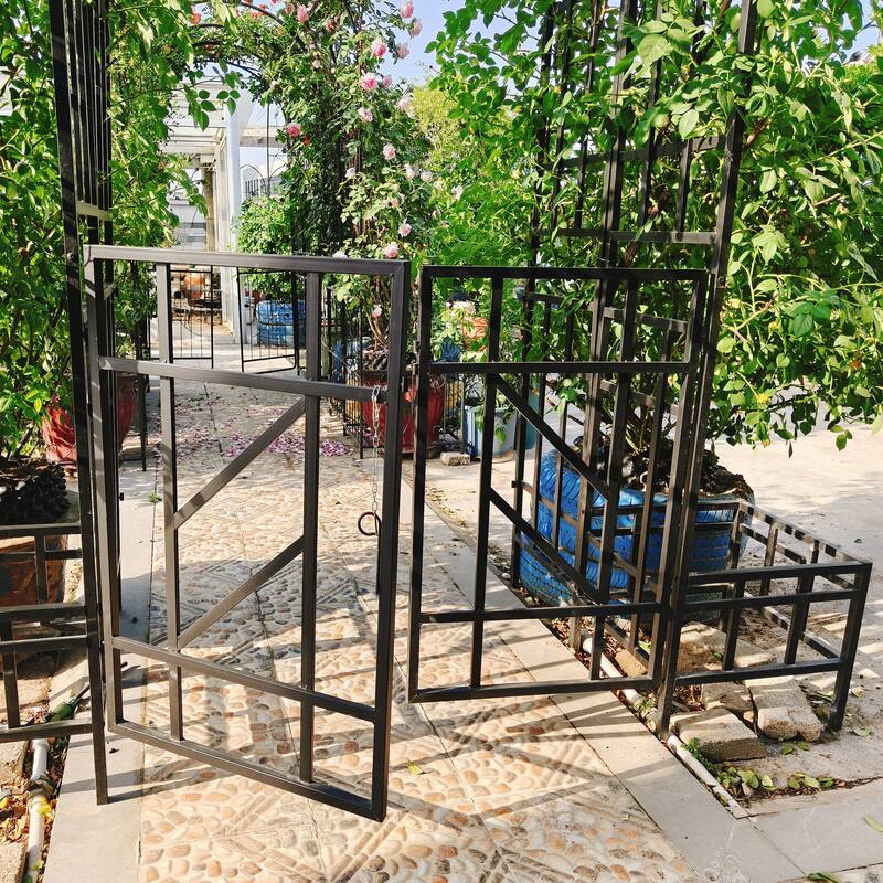 Metal Garden Arch with Gate with planter Climbing Plants Support Rose Arch Outdoor Black - W 80.71" × H 97.24" × D 16.93"