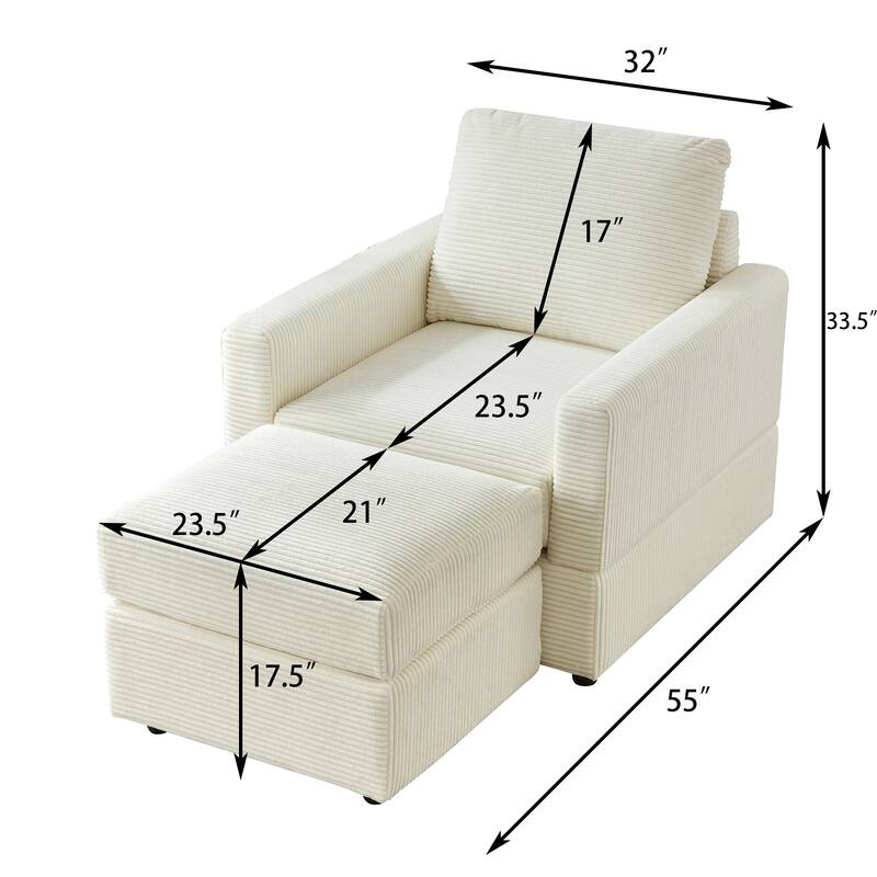 Corduroy Chaise Lounge Set with Ottoman and Adjustable Backrest