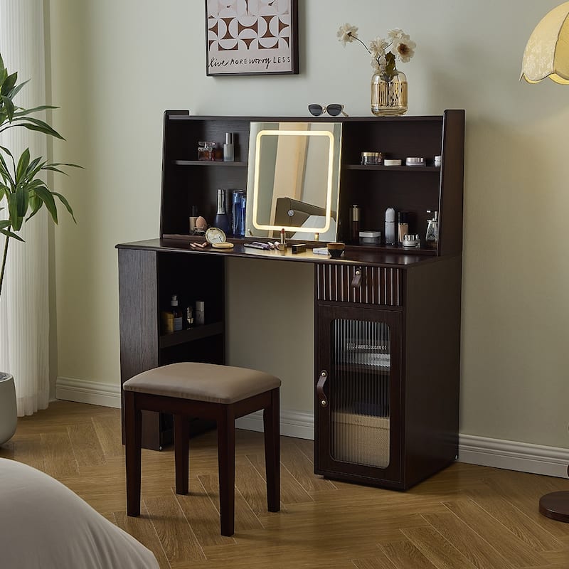 Elegant makeup vanity desk with 3 modes Adjustable Lighted Mirror,modern dressing table set with large shelves