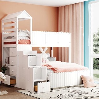 Modern Versatility galore Stairway Twin Over Full House Bed,Bunk Bed with Two Shelves and Seven Drawers
