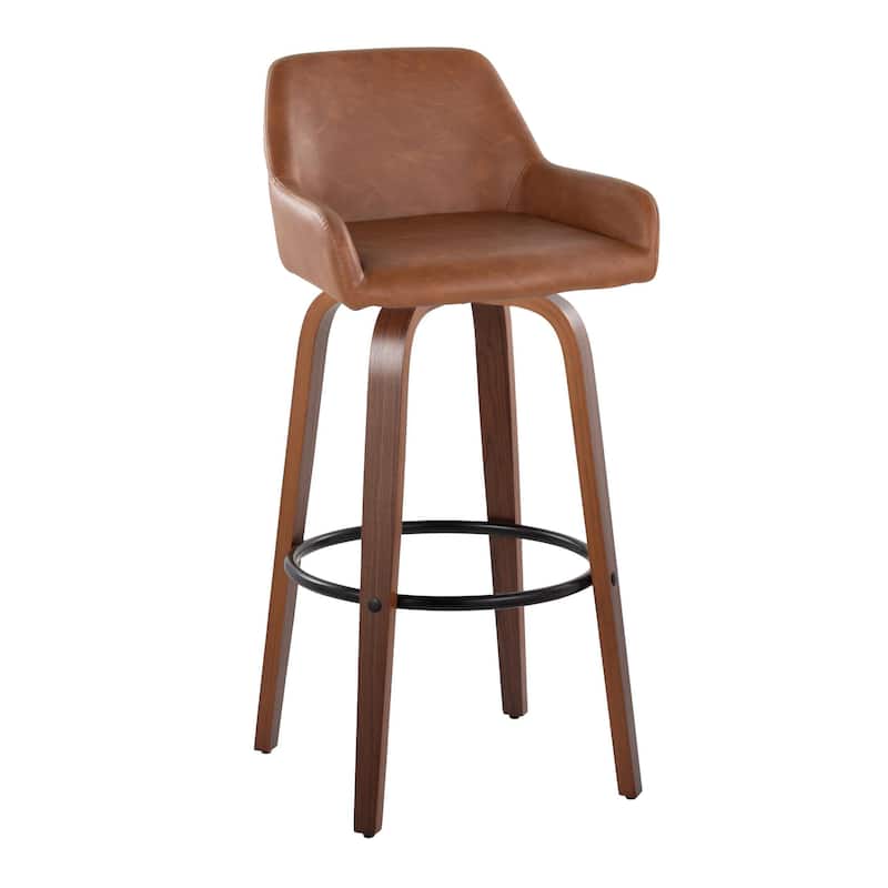 Porch & Den Galotti 30" Fixed-Height Bar Stool with Bent Wood Legs & Round Footrest (Set of 2) - Camel Faux Leather/Walnut/Black Metal