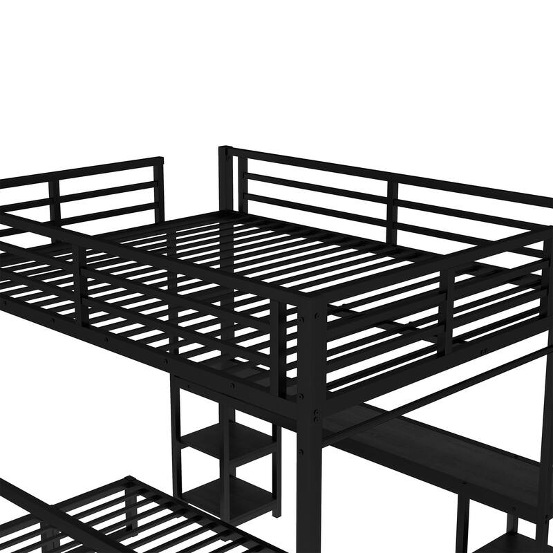 Black Metal Bunk Bed Loft Bed Frame with Desk, Shelves, LED and USB