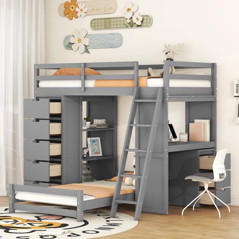 Twin Solid Wood Bunk Bed with LED & Desk
