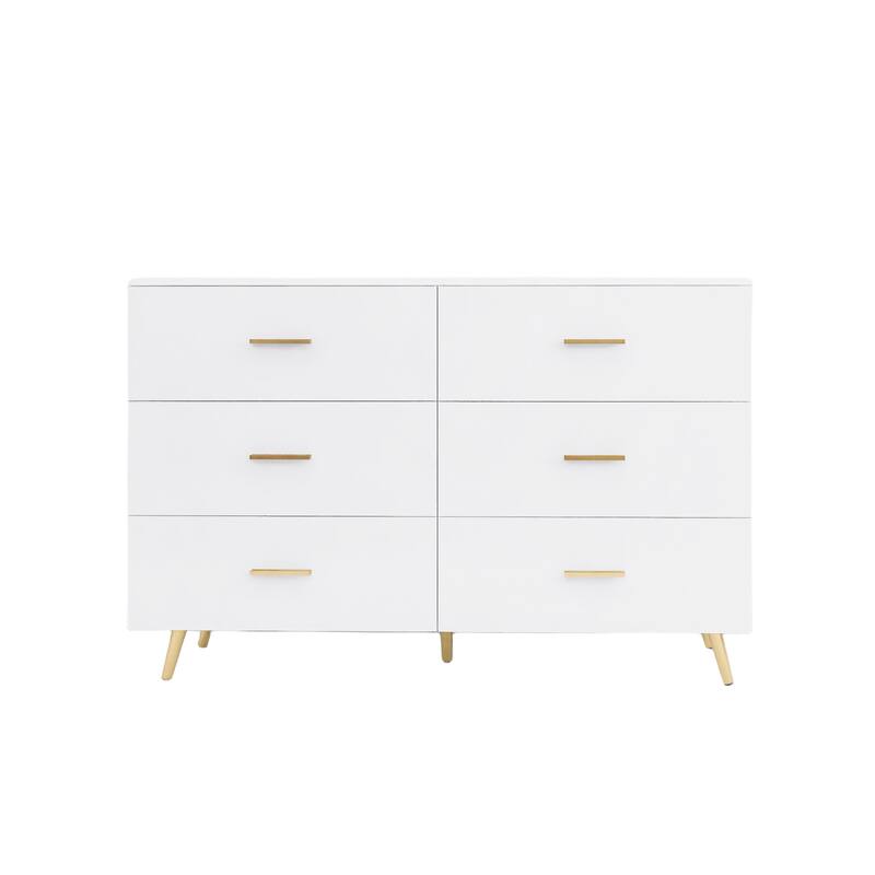 High Glossy Double Dresser with 6 Storage Drawers for Bedroom, Chest of Drawer Vanity with Golden Handle Legs