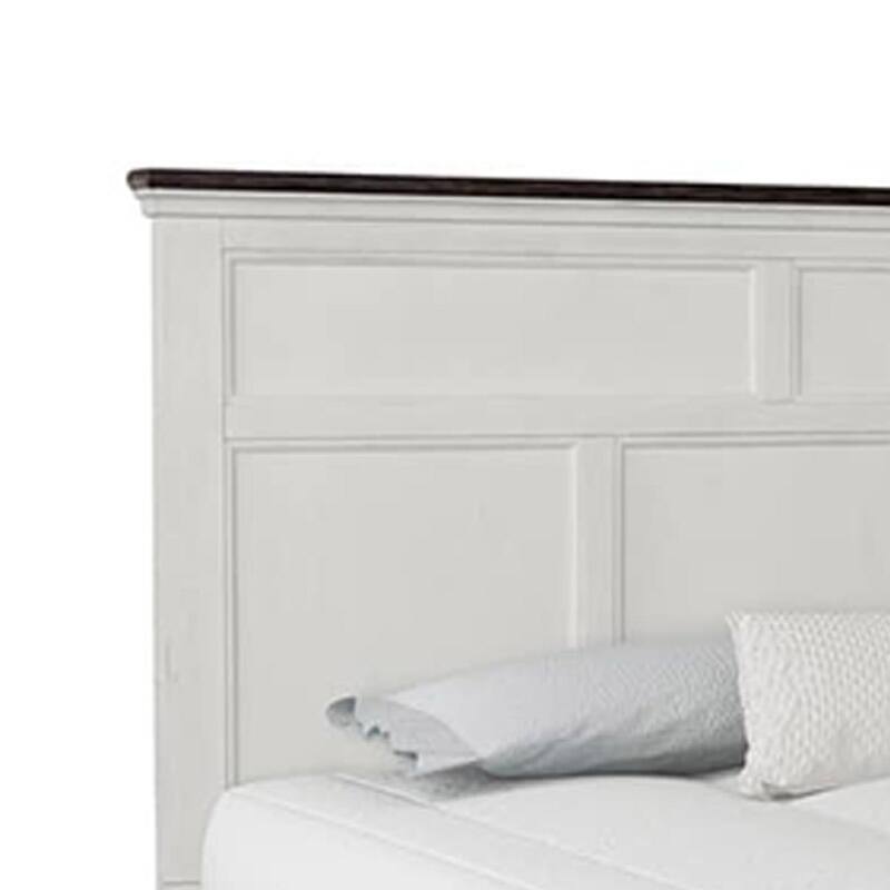 Hamps King Size Bed, 2 Drawers, White and Dark Brown Solid Wood Frame