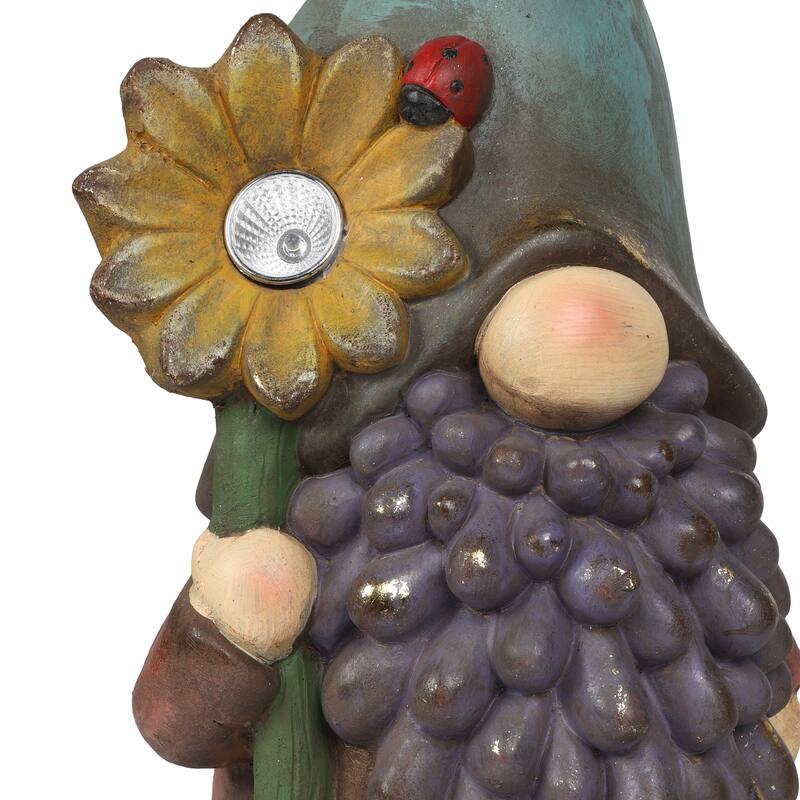 Solar Gnome Holding Flower w/ Turquoise Hat Statuary