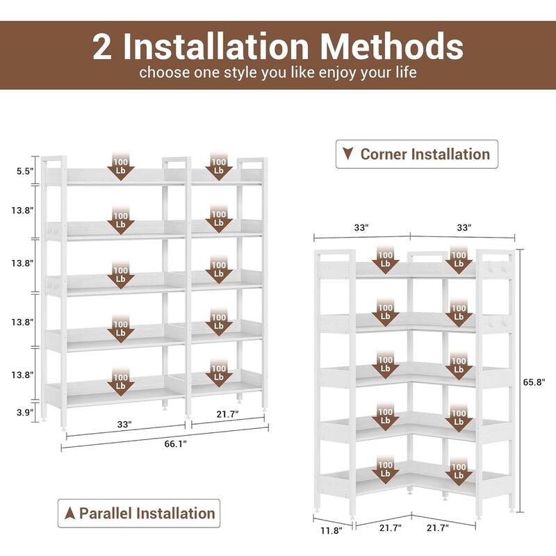 5-Tier Corner Convertible Bookshelf, Industrial Bookcase for Living Room, Bedroom