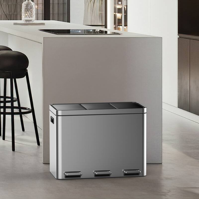 12 Gallons Rectangular Recycling Trash Can with 3 Compartments, Silver