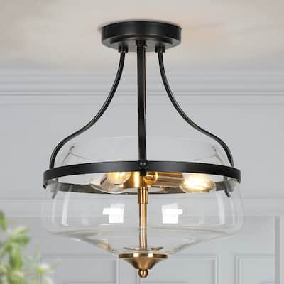 14inch Farmhouse Rustic Semi Flush Mount Light with Clear Glass Drum 3-light for foyer - D 14" x H 14.6"