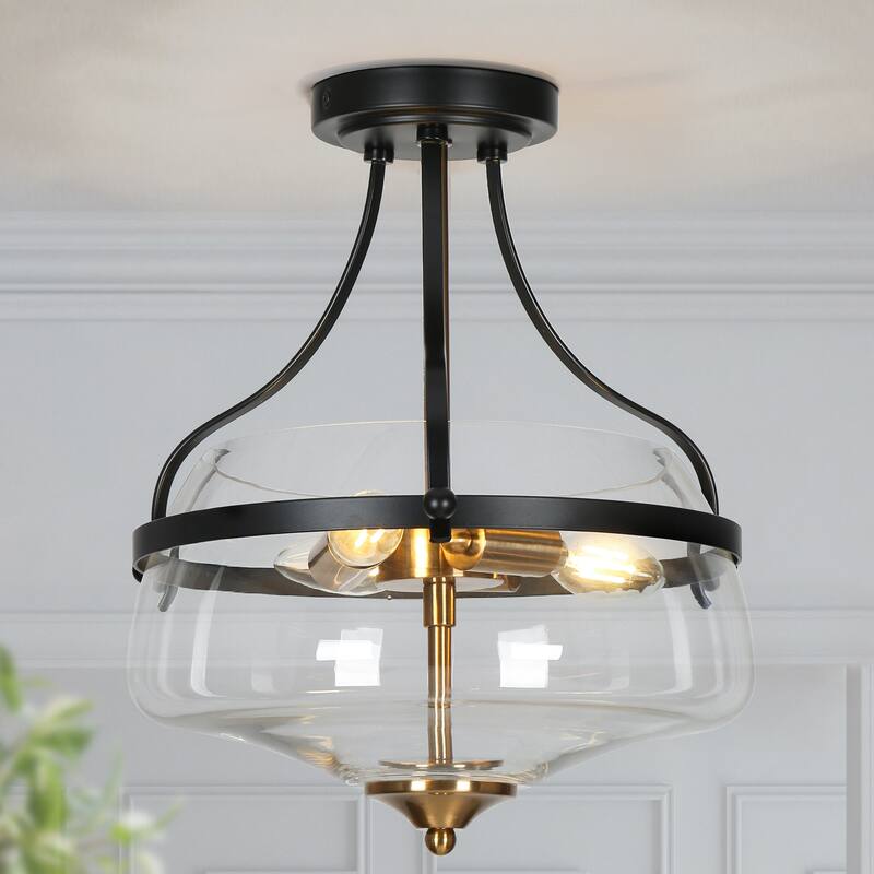 Rella Modern Farmhouse Black Gold Semi Flush Mount Light with Clear Drum Glass for Hallway - D 14" x H 14.6"