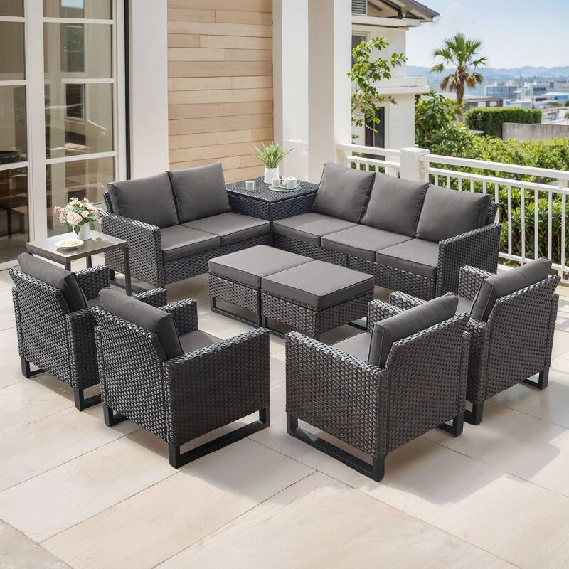 Gymojoy 9-11 Person All-Weather Wicker Outdoor Conversation Set Seating Group With lounge Chairs And Ottomans