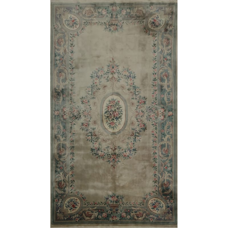 Hand Knotted Oriental 100% Wool Carpet Traditional Floral Beige & Ivories Art Deco Area Rug - 18' 2'' X 9' 11''