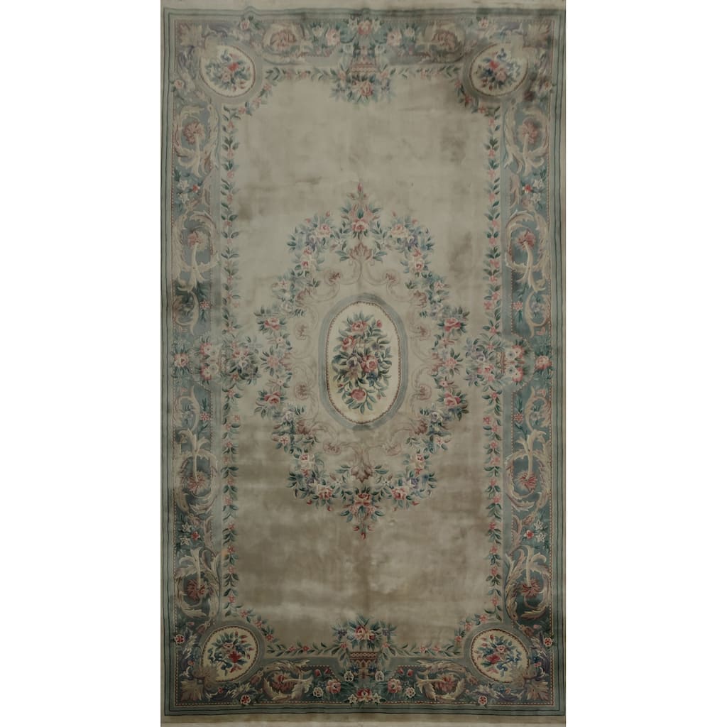 Hand Knotted Oriental 100% Wool Carpet Traditional Floral Beige & Ivories Art Deco Area Rug - 18' 2'' X 9' 11''