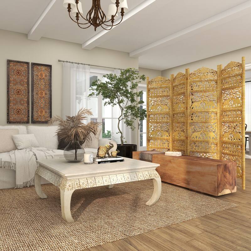 Wooden Scroll Handmade Hinged Foldable 4 Panel Room Divider Screen with Carved Elephant Accents - Gold - Roche River Decor