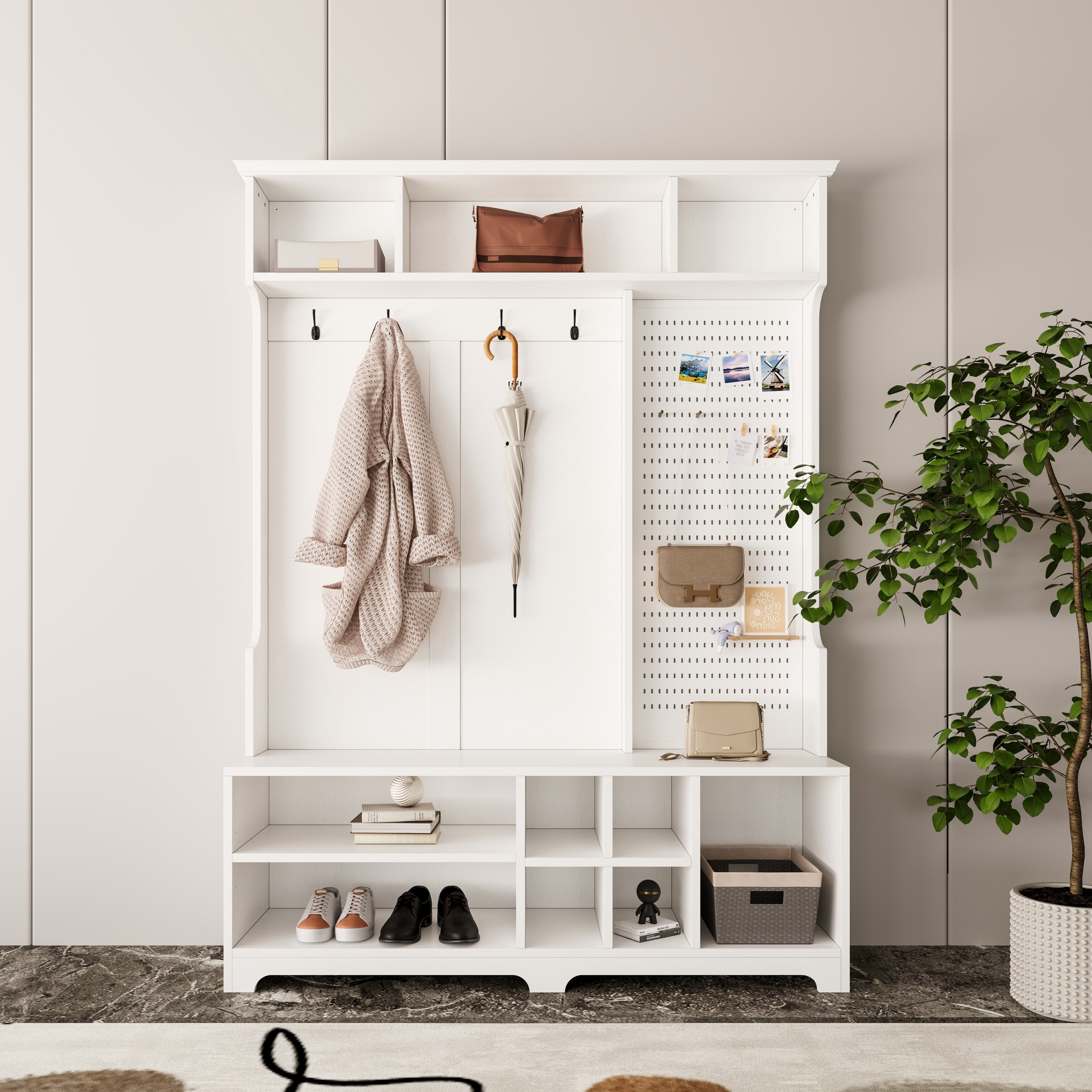 Concise Style Hall Tree Shoe Bench Coat Rack Storage Shelves and Pegboard Versatile Usage White