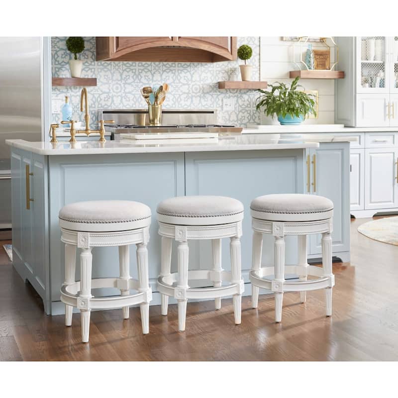 White Round Swivel Backless Bar Stool with Fabric Seat and Footrest