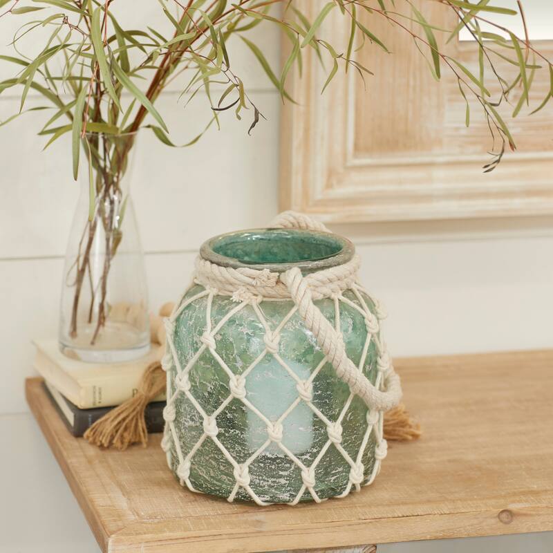 Blue Glass Decorative Indoor Outdoor Candle Lantern with Rope Handle - 7 x 7 x 15