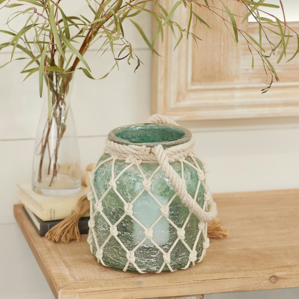 Blue Glass Decorative Indoor Outdoor Candle Lantern with Rope Handle - 7 x 7 x 15