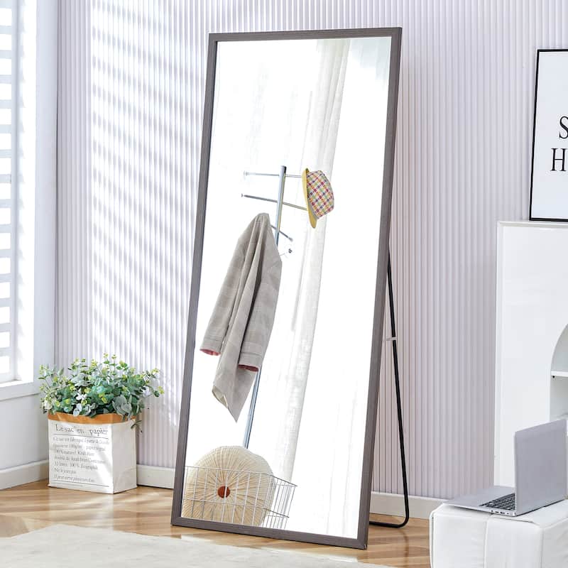 Roomfitters Full-Length Mirror with Black Solid Wood Frame, 71"x31.5" Floor Standing or Wall-Mounted Dressing Mirror - Grey