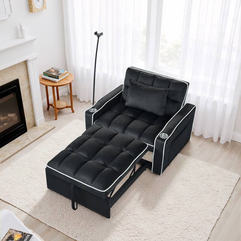 37 in. W 3-in-1 Convertible Chair Bed Suede Pull Out Twin Size Sofa Bed with USB Ports, Cup & Phone Holder - Black