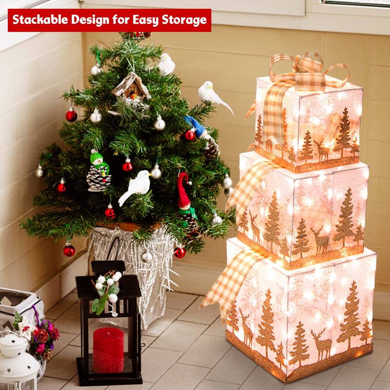 Set of 3 Pre-Lit Christmas Gift Boxes Lighted Present Decoration