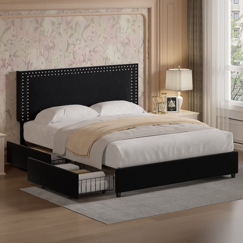 VECELO Upholstered Storage Bed Frames with 4 Storage Drawers Platform Bed Frame with Adjustable Velvet Rivets Headboard