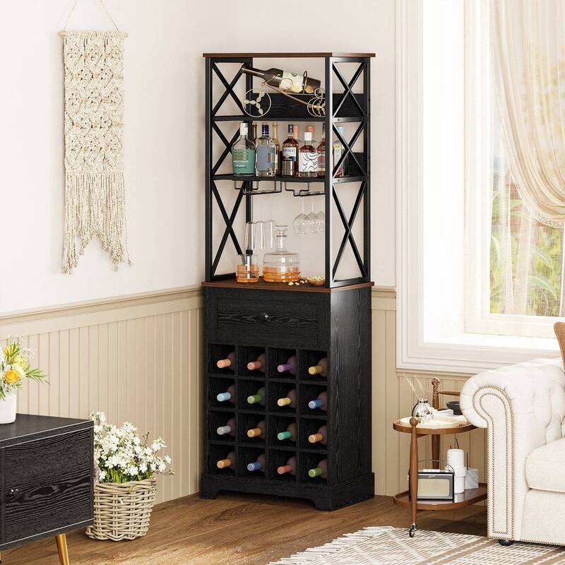 Metal MDF Wine Rack Cabinet with Drawer and Shelves - 65'' H X 13'' D x 21.3" W