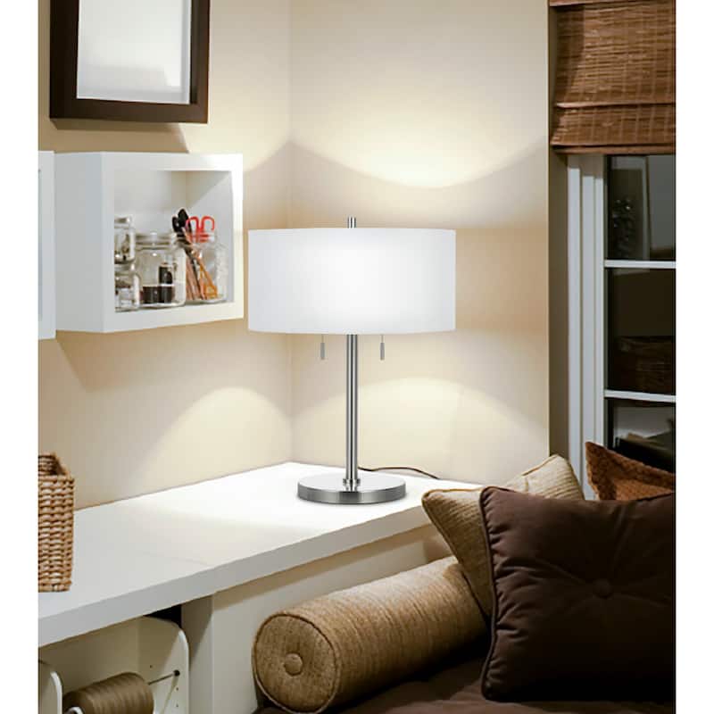 24" Nickel Two Light Table Lamp with Empire Linen Shade and Rotary Switch - 17” x 17” x 23.50”