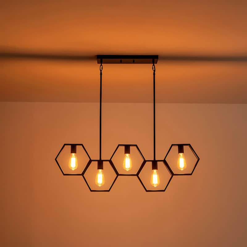 5-Light Mid-Century Modern Matte Black Geometric Pendant Island Lighting - 38.5 in. W x 72 in. H