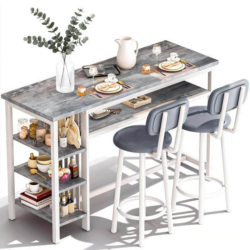 3-Piece Dining Room Table Set with 2 Upholstered Bar Stools, Modern Farmhouse Bar Table Set for 2 with Multiple Tier Shelves