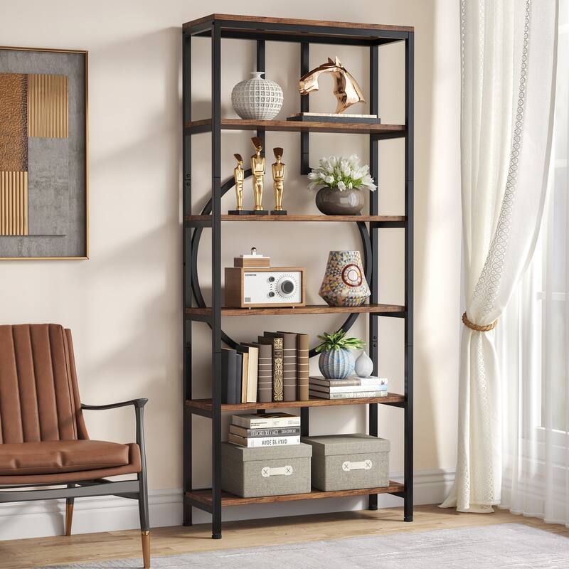 70.9"H x 27.6"W Industrial Geometric Bookcase, 6-Tier Tall Bookshelf, Wood Display Shelf Storage Shelves - Vintage Brown(1PC)