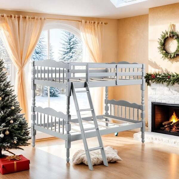 slide 2 of 10, Artsy Twin-Over-Twin Bunk Bed with Slat System, Built-In Ladder & Safety Guard-Rai, Stackable or Separate Configuration, Grey Grey