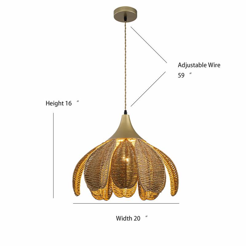 Kamala 1-Light Rattan Hemp Floral Pendant, Modern Coastal Boho - Handwoven